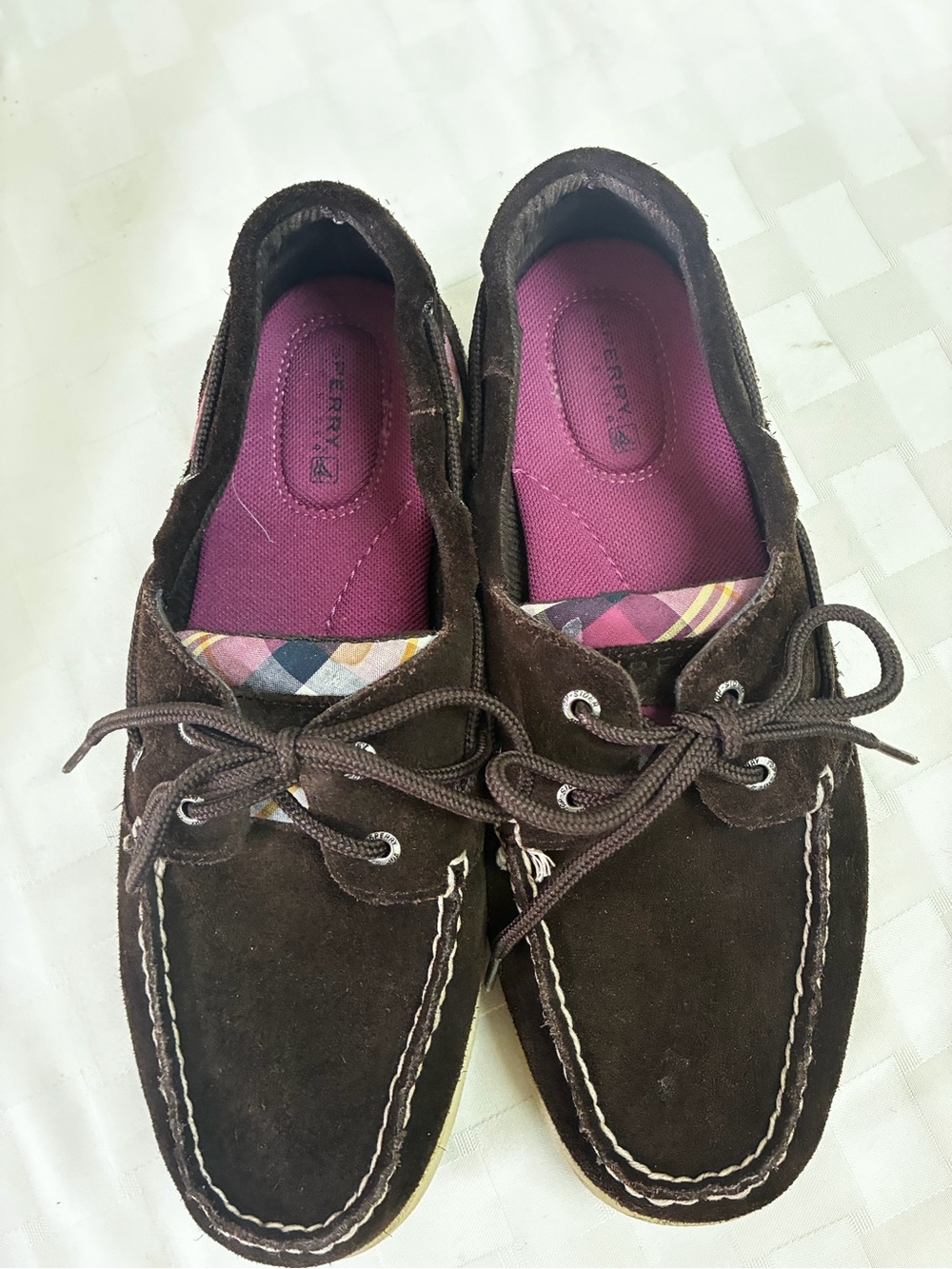 Sperry Brown Suede womans Boat Shoes with Magenta plaid accents
